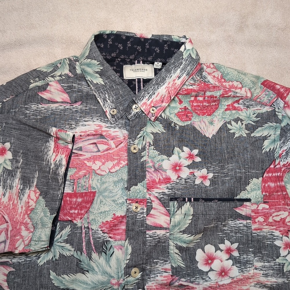 7 Diamonds Mens Reverse Print Floral Hawaiian Short Sleeve Shirt Sz M Button Up